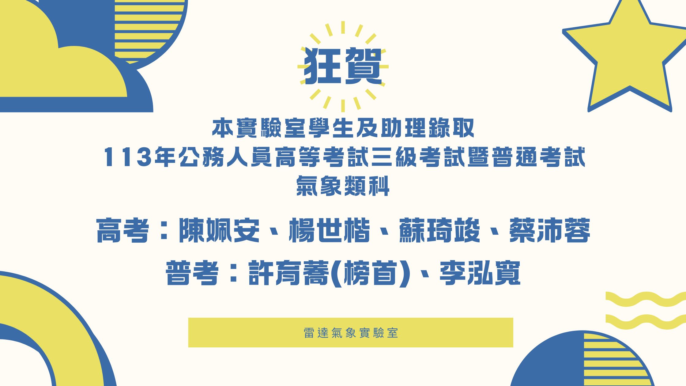 【快訊】狂賀!! 本實驗室畢業生、在學生於113年公務人員高等考試三級考試暨普通考試氣象類科錄取5名