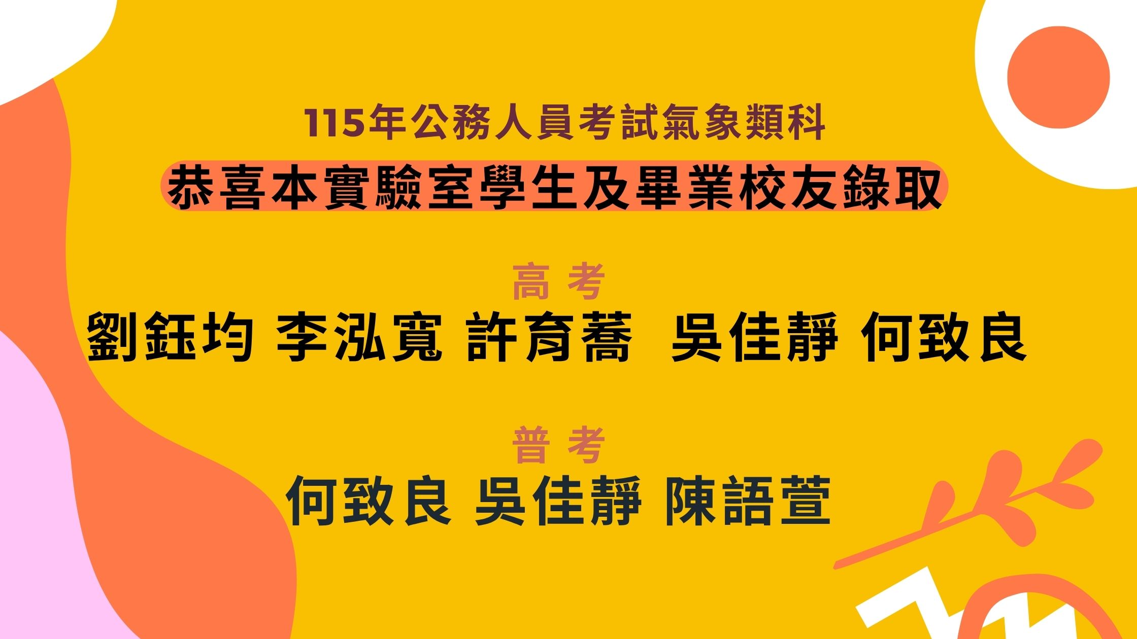 【快訊】狂賀!! 本實驗室學生、應屆畢業生與校友於115年公務人員高等考試三級考試暨普通考試氣象類科錄取